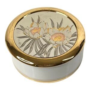 Chokin Art Trinket Box 14k Gold Covered Dish Dresser Bowl 4” Floral Japan Vtg